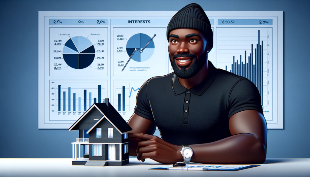 Image of the same character, a moderately-built black man in a black beanie hat and black polo shirt, discussing the benefits of cash sales in the real estate market. He is shown in a friendly conversation with a homeowner, gesturing towards a 'Sold for Cash' sign. The setting is a cozy living room, representing a successful cash sale in a home environment. The image is in a modern vector style with warm and inviting colors to convey the positive aspects of cash sales.