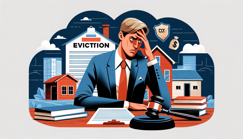 "An illustration depicting a stressed homeowner facing eviction challenges in Clayton County, with symbols of the eviction process like legal documents and a gavel, set against the backdrop of a modest residential area."