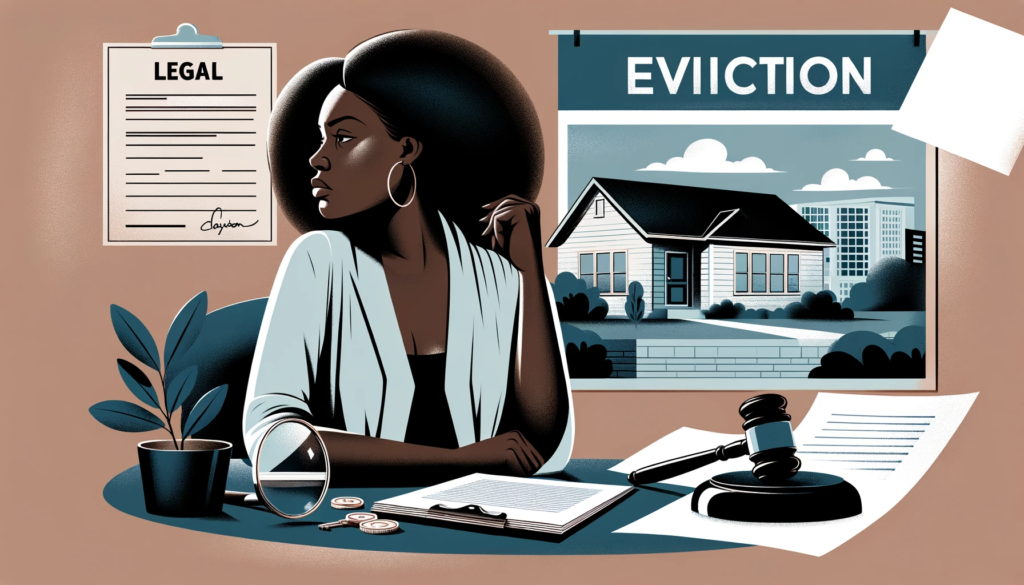 An illustration of a black female homeowner in Clayton County, thoughtfully contemplating her options amidst the eviction process. She's surrounded by symbols like legal documents and a gavel, with a residential property in the background, embodying the stress and decision-making involved in potentially selling her home.